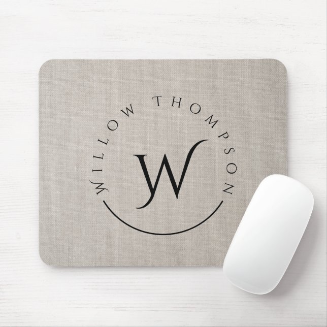 Monogrammed Rustic Beige Linen Elegant Script Mouse Mat (With Mouse)