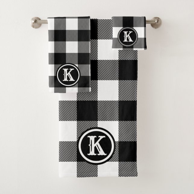 Monogrammed Rustic Black White Buffalo Plaid Bath Towel Set (Insitu)