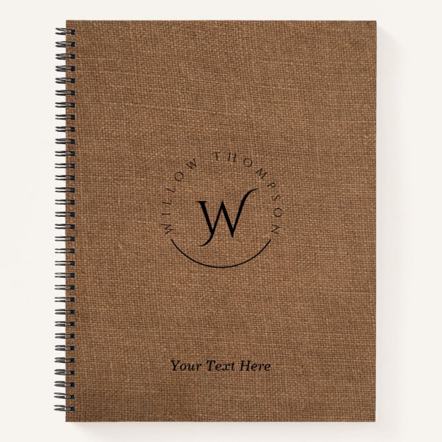 Monogrammed Rustic Brown Linen Elegant Script  Notebook (Front)