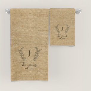 Monogrammed rustic farmhouse family name bath towel set