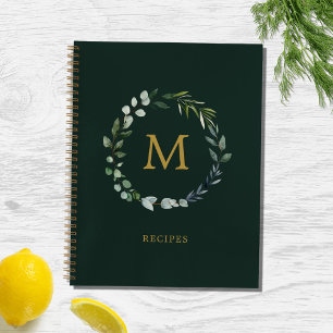 Monogrammed Rustic Green Sage Leaf Wreath Recipe Notebook