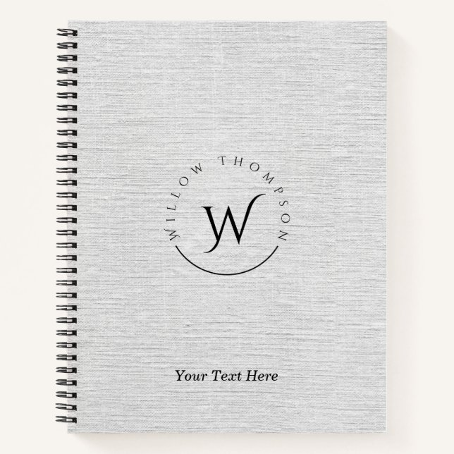 Monogrammed Rustic Grey Linen Elegant Script Notebook (Front)