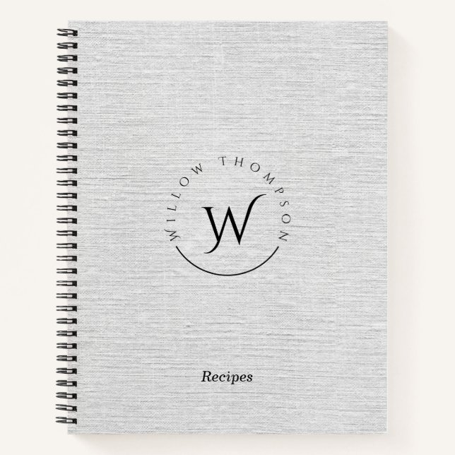 Monogrammed Rustic Grey Linen Script Recipe Notebook (Front)