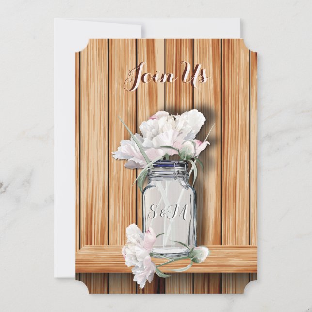 Monogrammed Rustic Mason Jar and Pink Peonies Invitation (Front)