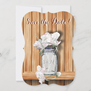 Monogrammed Rustic Mason Jar and Pink Peonies Save The Date