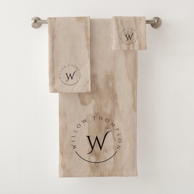 Monogrammed Rustic Wood Texture Elegant Script Bath Towel Set (Insitu)