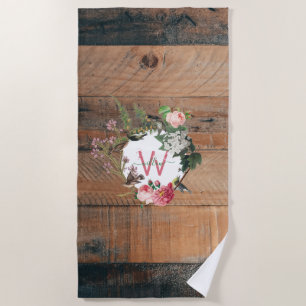Monogrammed Rustic Wood Vintage Flowers Beach Towel