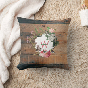 Monogrammed Rustic Wood Vintage Flowers Cushion