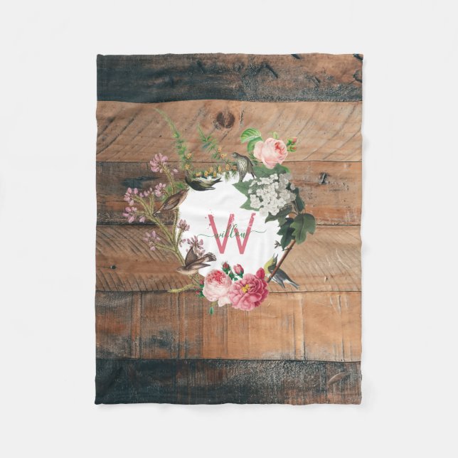 Monogrammed Rustic Wood Vintage Flowers Fleece Blanket (Front)