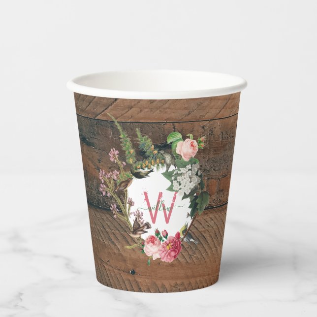 Monogrammed Rustic Wood Vintage Flowers  Paper Cups (Front)