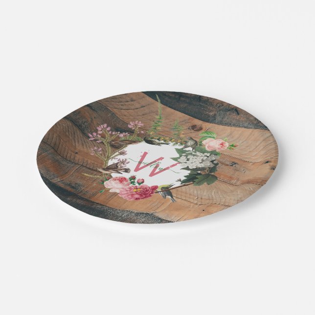 Monogrammed Rustic Wood Vintage Flowers Paper Plate (Angled)