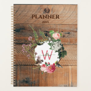 Monogrammed Rustic Wood Vintage Flowers Planner