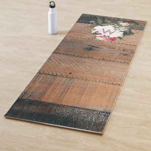 Monogrammed Rustic Wood Vintage Flowers Yoga Mat