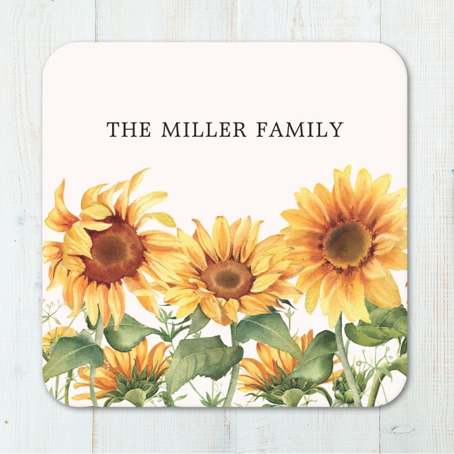 Monogrammed Rustic Yellow Sunflower Garden Square Paper Coaster (Close up)