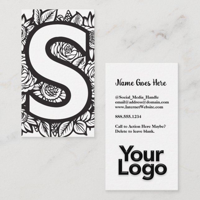 Monogrammed S Floral Black and White Company Logo  Business Card (Front/Back)