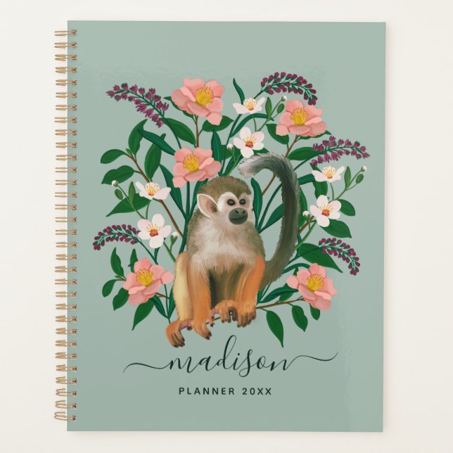 Monogrammed Sage Green Floral Monkey 2023 Planner (Front)