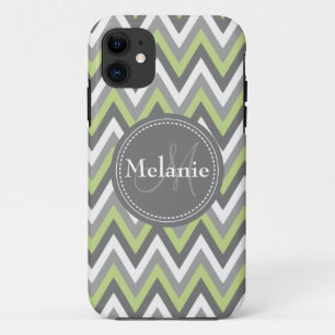 Monogrammed Sage Green & Grey Chevron Pattern iPhone 11 Case