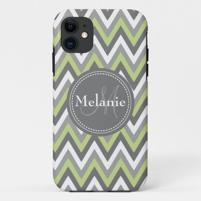 Monogrammed Sage Green & Grey Chevron Pattern Case-Mate iPhone Case (Back)