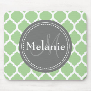 Monogrammed Sage Green & Grey Quatrefoil Mouse Mat