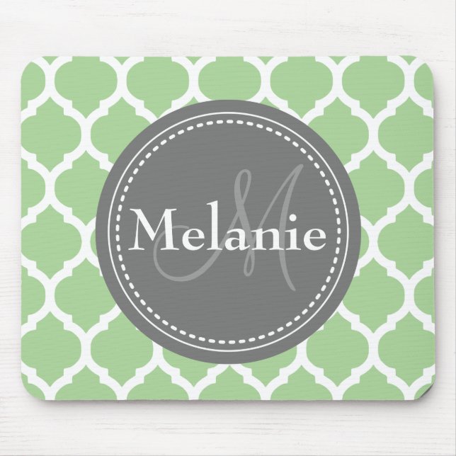 Monogrammed Sage Green & Grey Quatrefoil Mouse Mat (Front)
