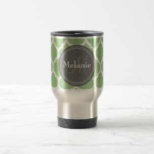 Monogrammed Sage Green & Grey Quatrefoil Travel Mug