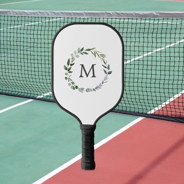 Monogrammed Sage Green Leaves Greenery Wreath  Pickleball Paddle (In situ)