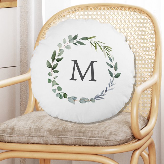 Monogrammed Sage Green Leaves Greenery Wreath  Round Cushion (In situ)