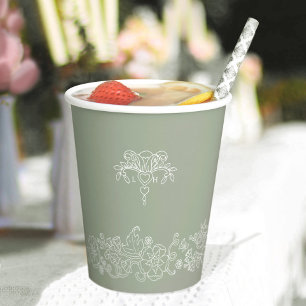 Monogrammed sage green white fleur de lis wedding paper cups
