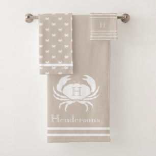 Monogrammed Sand taupe tan White Crab Nautical  Bath Towel Set