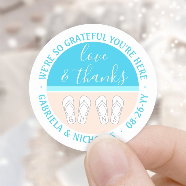 Monogrammed Sandals Beach Wedding Love & Thanks Classic Round Sticker (Creator Uploaded)