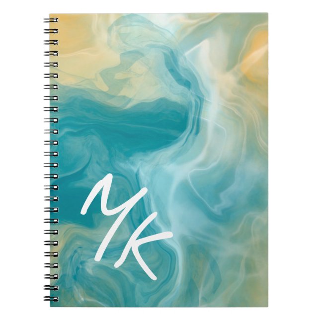 Monogrammed Sandy Brown Ocean Blue Fluid Art  Notebook (Front)