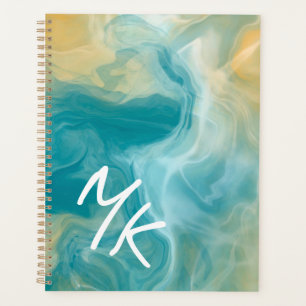 Monogrammed Sandy Brown Ocean Blue Fluid Art Planner