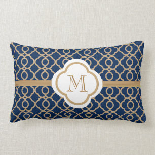 Monogrammed Sapphire Blue and Gold Moroccan Lumbar Cushion