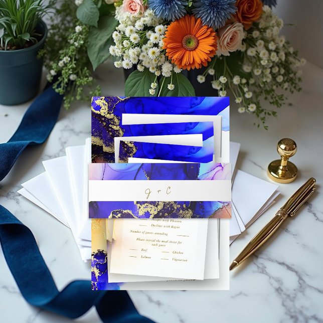 Monogrammed Sapphire Blue Orange Wedding Invitation Belly Band (Monogrammed Sapphire Blue Orange Wedding Invitation Belly Band.)