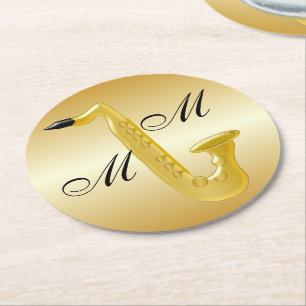 Monogrammed Saxophone Gold Coloured Round Paper Coaster