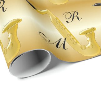 Monogrammed Saxophone Gold Coloured Wrapping Paper