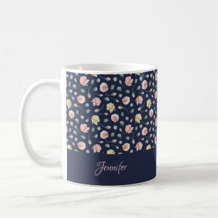 Monogrammed   Scattered Roses Blue Floral Custom Coffee Mug