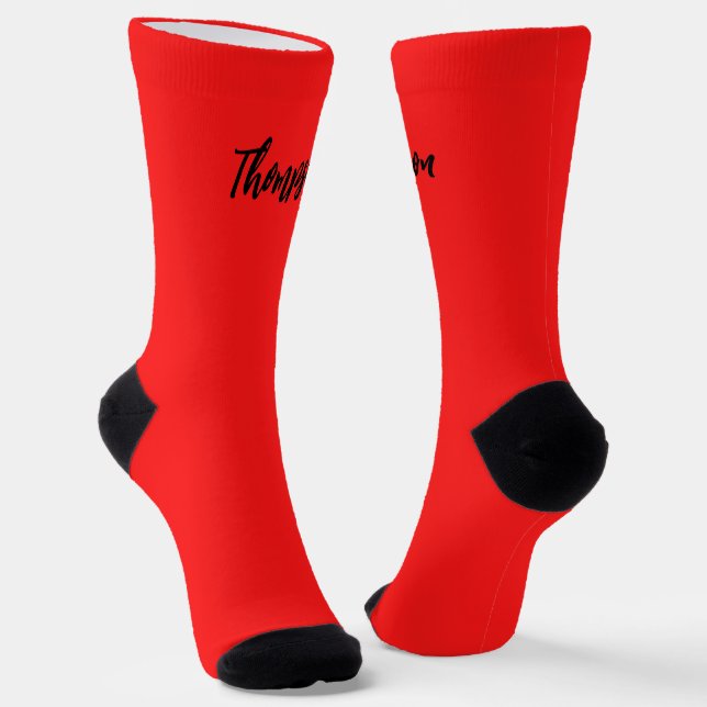 Monogrammed script black and red modern text socks (Angled)