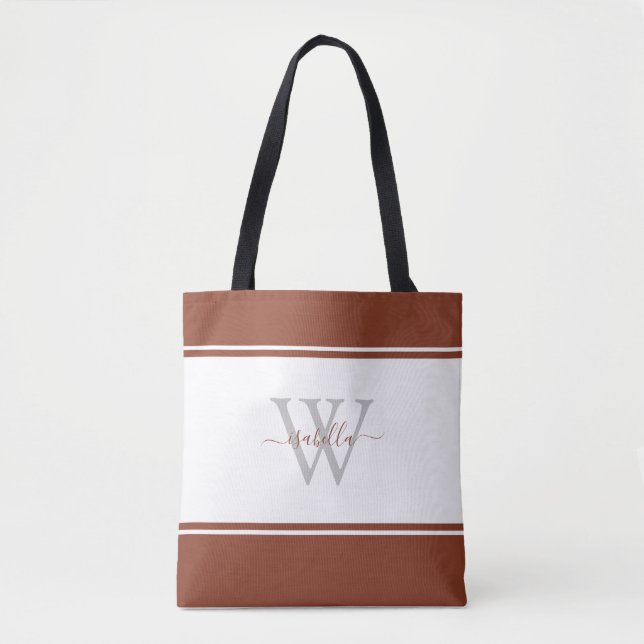 Monogrammed Script Initial Rust Tote Bag (Front)