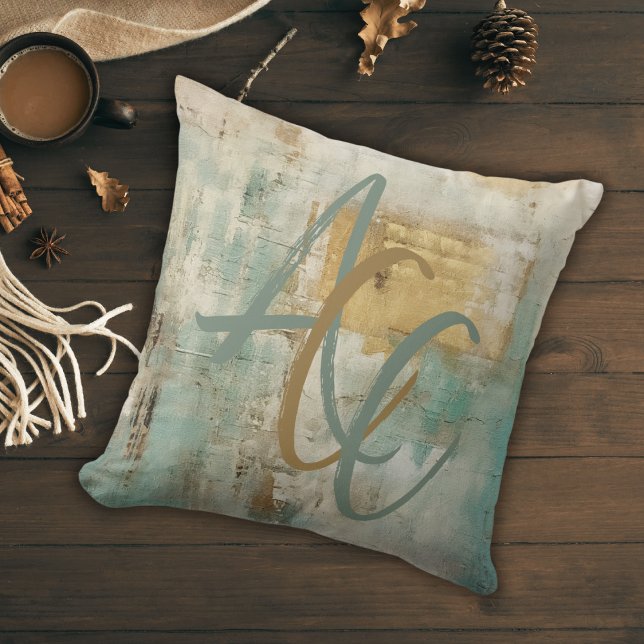 Monogrammed Script Modern Teal Abstract Fall Cushion (Creator Uploaded)