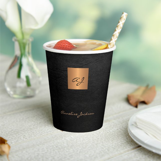 Monogrammed script name gold black paper cups (Insitu)
