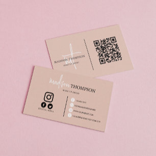 Monogrammed Script Typography Boho Beige QR Code Business Card