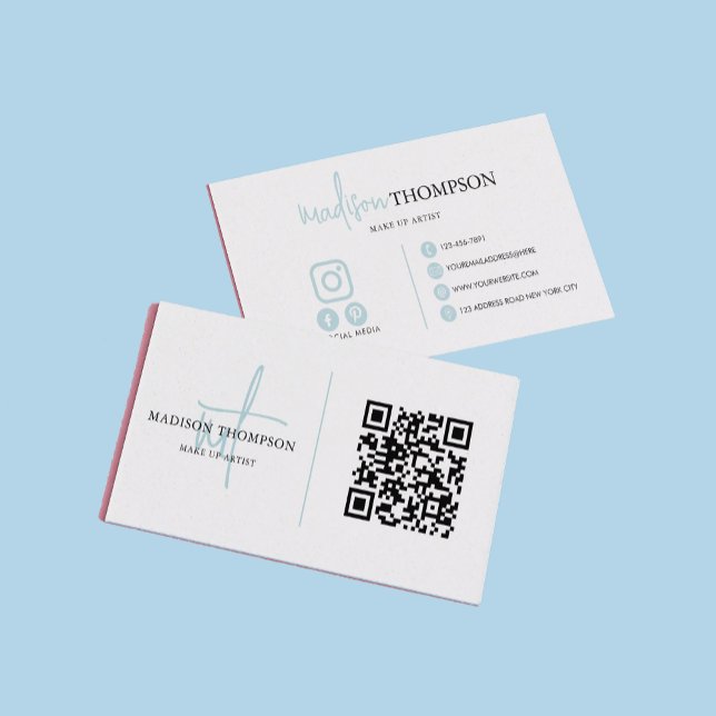 Monogrammed Script Typography Sky Blue QR Code Business Card (Creator Uploaded)