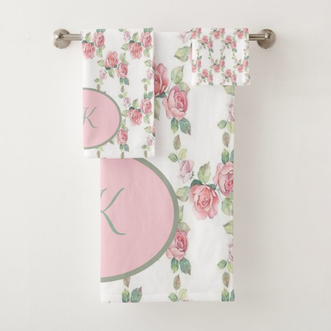 Monogrammed Shabby Chic Pink Rose Floral  Bath Towel Set (Insitu)