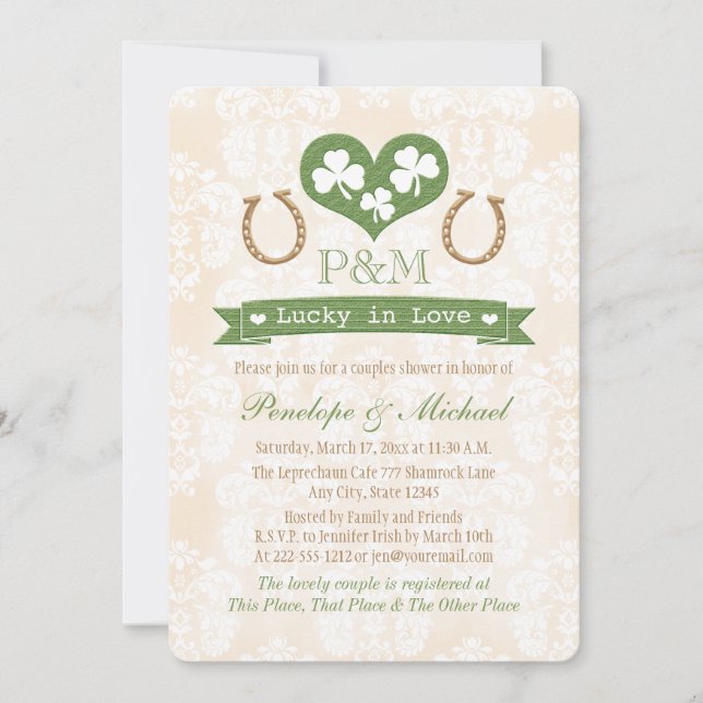 Monogrammed Shamrock and Horseshoe Couples Shower Invitation (Front)