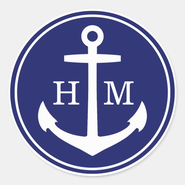 Monogrammed Ship's Anchor Classic Round Sticker (Front)