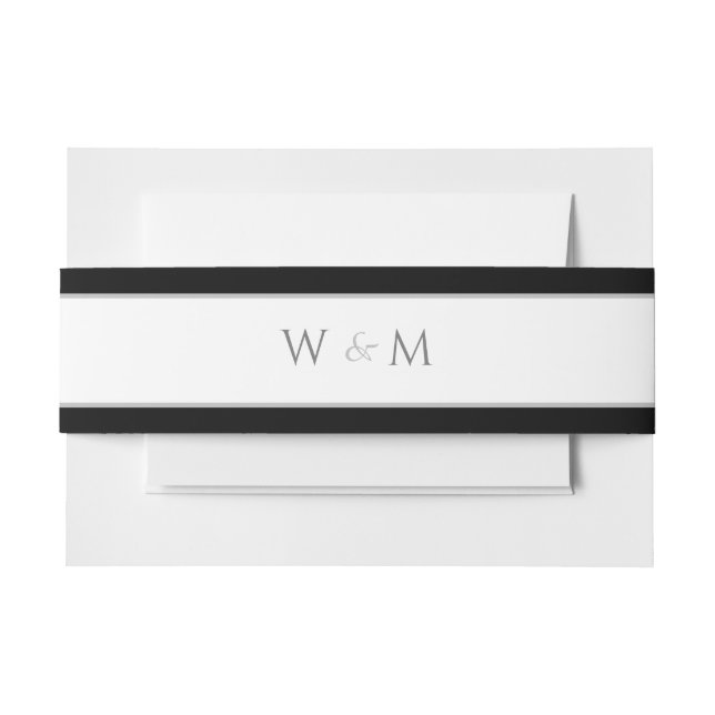 Monogrammed Silver Font Black White Wedding Invitation Belly Band (Front Example)