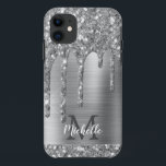 Monogrammed Silver Grey Glitter Drips Gold Metal iPhone 11 Case<br><div class="desc">Modern,  girly silver grey glitter drips name and monogrammed iphone case. This design features silver grey glitter sparkle drips on grey brushed metal background with custom personalised monogram initial and first name text template. Perfect feminine gift. If you need help or matching items,  please contact to me.</div>