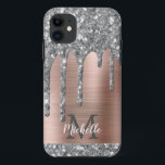 Monogrammed Silver Grey Glitter Drips Pink Metal iPhone 11 Case<br><div class="desc">Modern,  girly silver grey glitter drips name and monogrammed iphone case. This design features silver grey (grey) glitter sparkle drips on pink brushed metal background with custom personalised monogram initial and first name text template. Perfect feminine gift. If you need help or matching items,  please contact to me.</div>