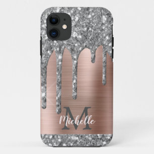 Monogrammed Silver Grey Glitter Drips Pink Metal iPhone 11 Case